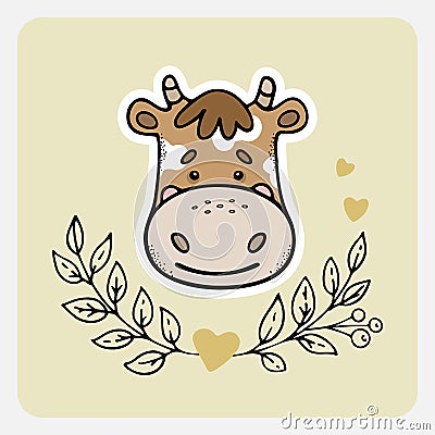 Cow, ox. Cute funny hand drawn animal with hearts, leaves and branches. Vector Illustration